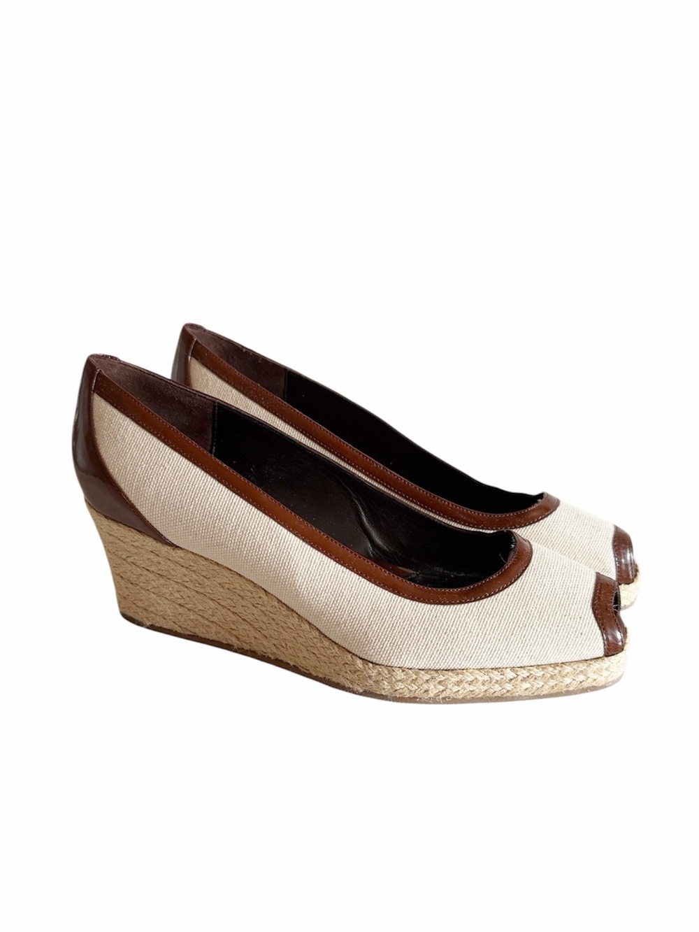 Fendi Womens Canvas Patent Brown Peep Toe Espadrille Wedge Shoes size 39.5 EU